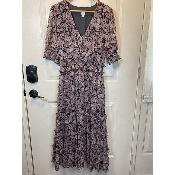 Roan + Ryan Tiered Paisley Floral Print Maxi Dress Pink Gray Size M EUC - Picture 1 of 14